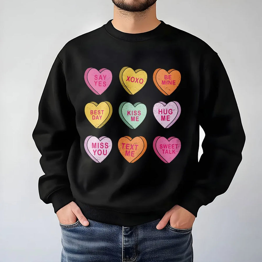 Conversation Hearts Valentine Sweatshirt | Retro Pastel Candy Heart Graphic | Soft Cotton Blend Unisex Pullover | Cute Aesthetic Valentine Gift For Her