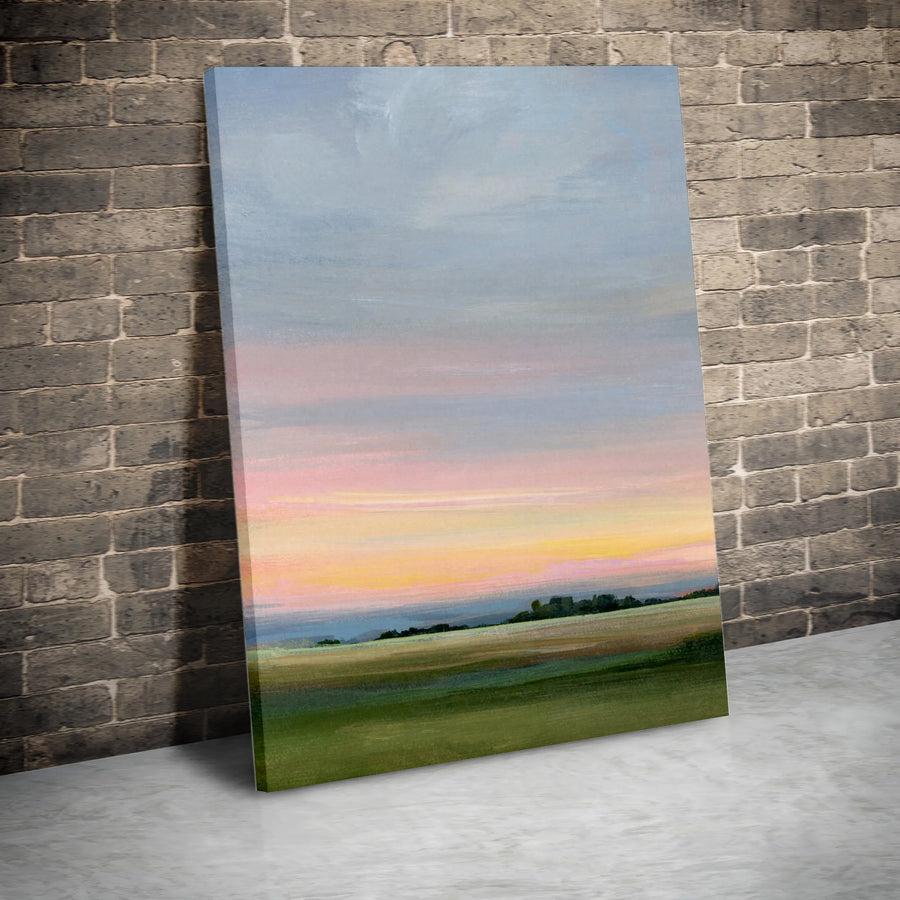 Abstract Landscape Vertical Canvas | Pastel Sunset Over Green Hills | Premium Thick Gallery Wrap Canvas | Limited Edition Modern Home Decor