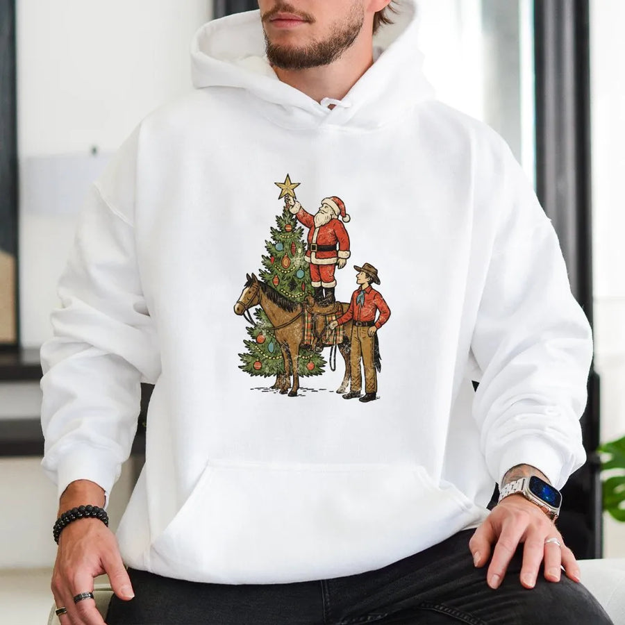 Western Christmas Cowboy Hoodie | Vintage Santa Horse Graphic | Premium Cotton Blend Pullover | Festive Holiday Gift For Him And Her