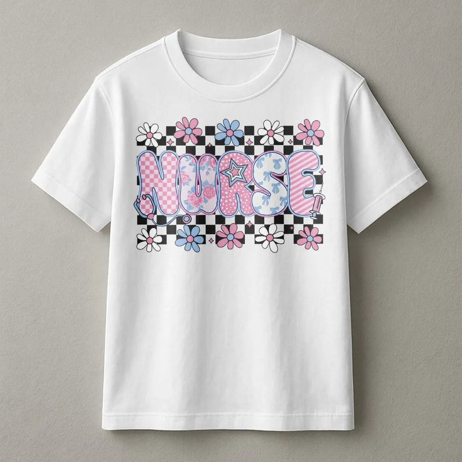 Preppy Nurse T-Shirt | Floral Checkered Graphic Tee | Premium 100% Cotton | RN CNA Nursing School Graduation Gift