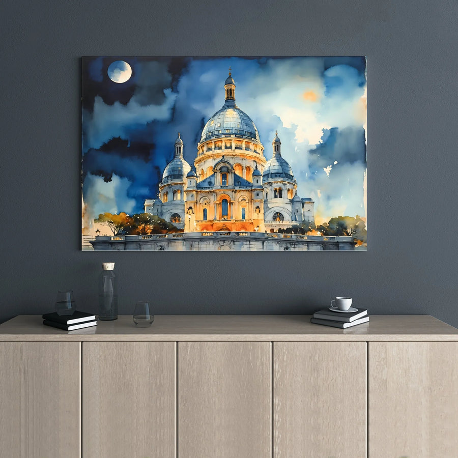 Sacré-Cœur Basilica Canvas Print | Nighttime Paris Watercolor Art | 1.25” Gallery Wrap | Premium Travel Gift for Art Lovers