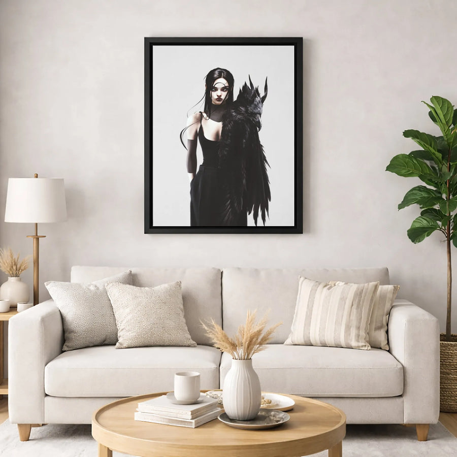 Gothic Woman With Raven Canvas Wall Art | Dark Fantasy Witch Aesthetic | Premium Fade-Resistant Gallery Wrap | Moody Home Decor Gift