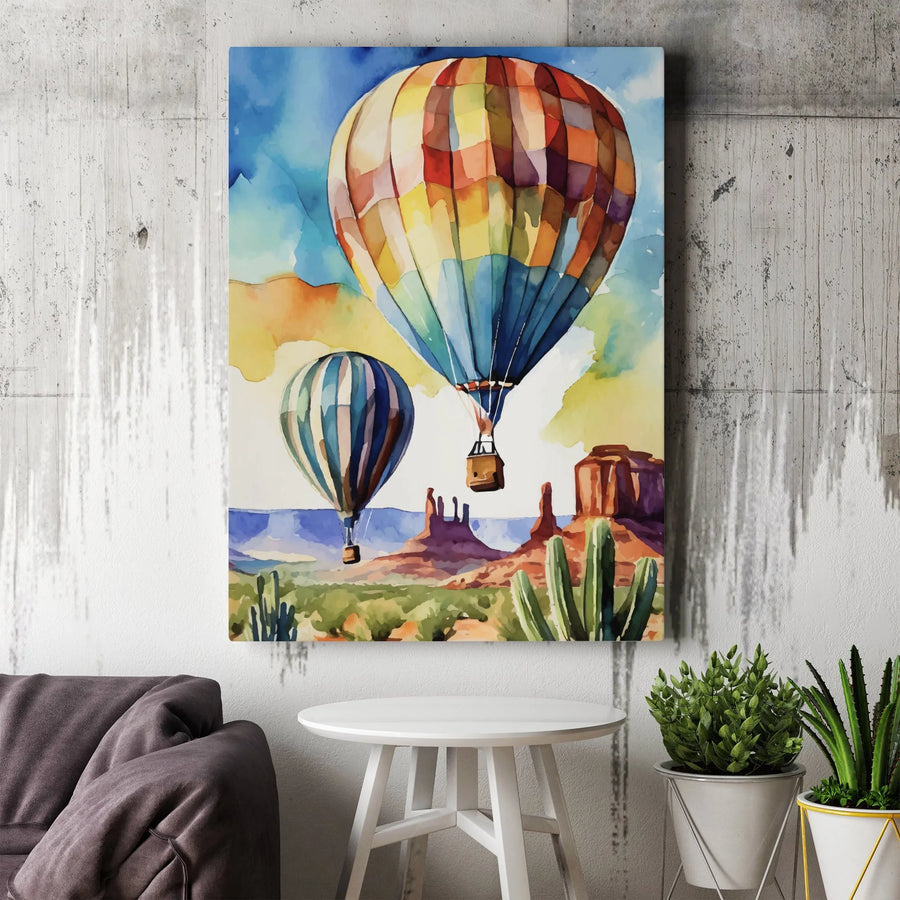 Watercolor Hot Air Balloon Canvas Wall Art | Desert Landscape With Cacti | Premium Fade-Resistant Print | Southwestern Home Decor Gift