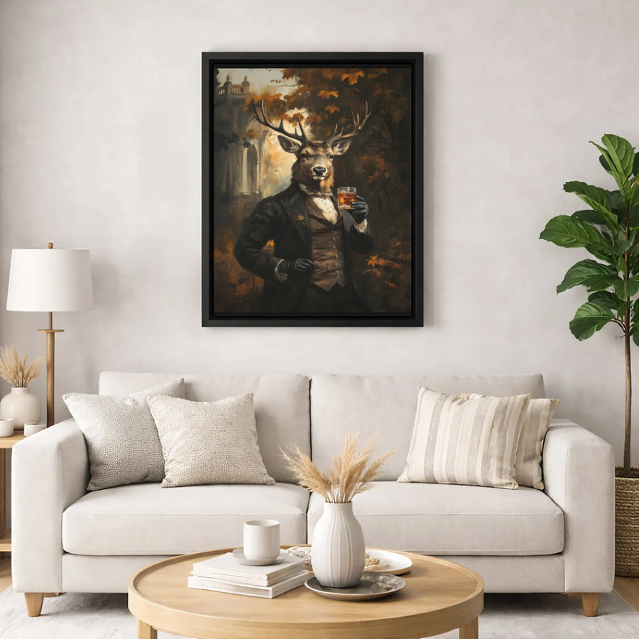 Gentleman Stag Canvas Art | Dapper Deer Drinking Whiskey Print | Premium 1.25" Gallery Wrap | Whimsical Animal Wall Decor for Home Office