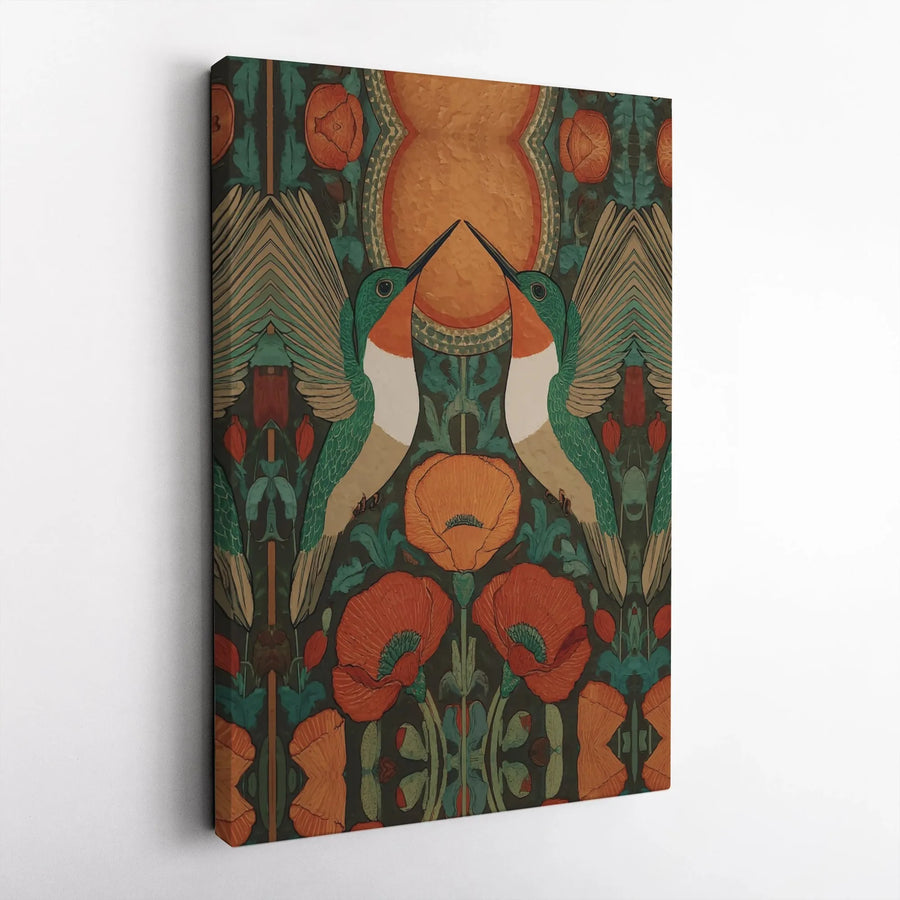Art Nouveau Hummingbird Canvas | Symmetrical Poppy Floral Wall Art | Gallery-Quality Fade-Resistant Print | Elegant Nature Home Decor