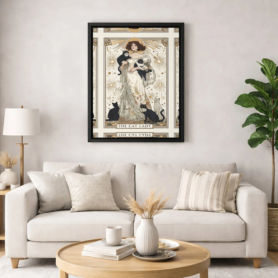 The Cat Lady Tarot Card Wall Art | Art Nouveau Aesthetic Illustration | Premium Gallery Canvas | Unique Gift for Cat Lovers and Mystical Decor