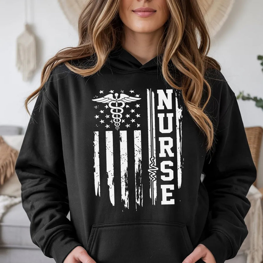 Nurse American Flag Hoodie | Distressed Caduceus Medical Design | Premium Cotton Blend | Gift For RN Nursing Students And Healthcare Workers