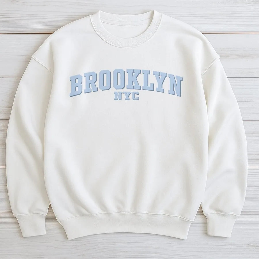 Brooklyn NYC Sweatshirt | Collegiate Letter Graphic Print | Unisex Premium Cotton Blend Crewneck | Vintage Inspired New York Travel Gift