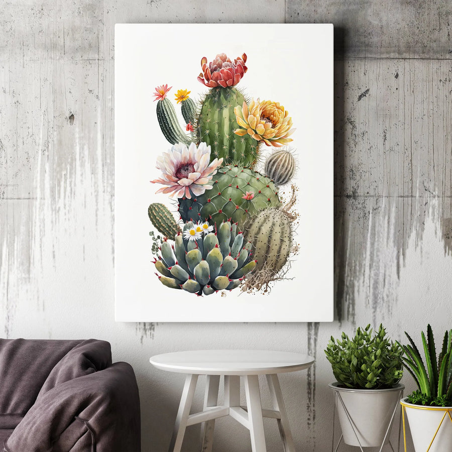 Watercolor Cactus Wall Art | Blooming Succulent Bouquet Botanical Print | Premium Gallery Wrapped Canvas | Desert Home Decor Gift