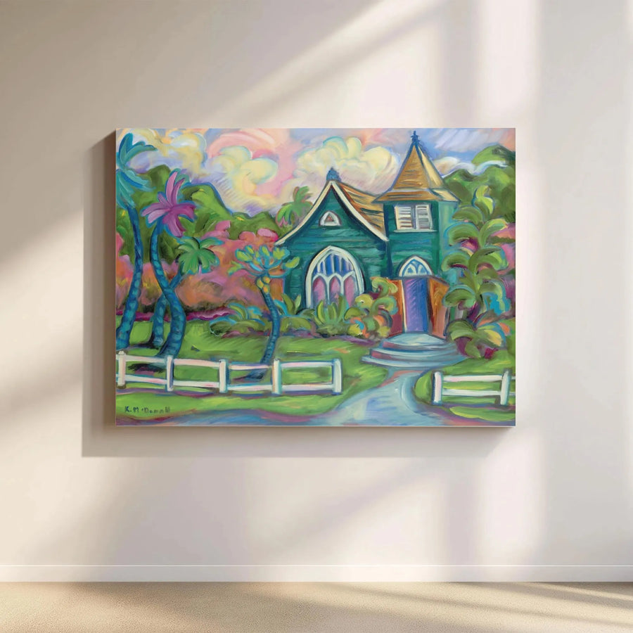 Hanalei Church Canvas Wall Art | Colorful Hawaiian Landscape Painting | Premium Gallery Wrap Print | Tropical Home Decor Gift