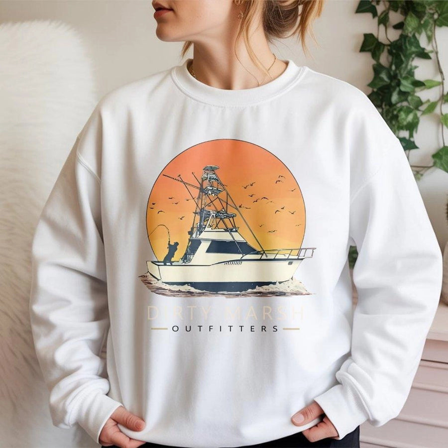Offshore Fishing Sweatshirt | Sunset Boat Graphic Coastal Apparel | Cotton Blend Crewneck | Gift for Saltwater Angler & Boat Captain