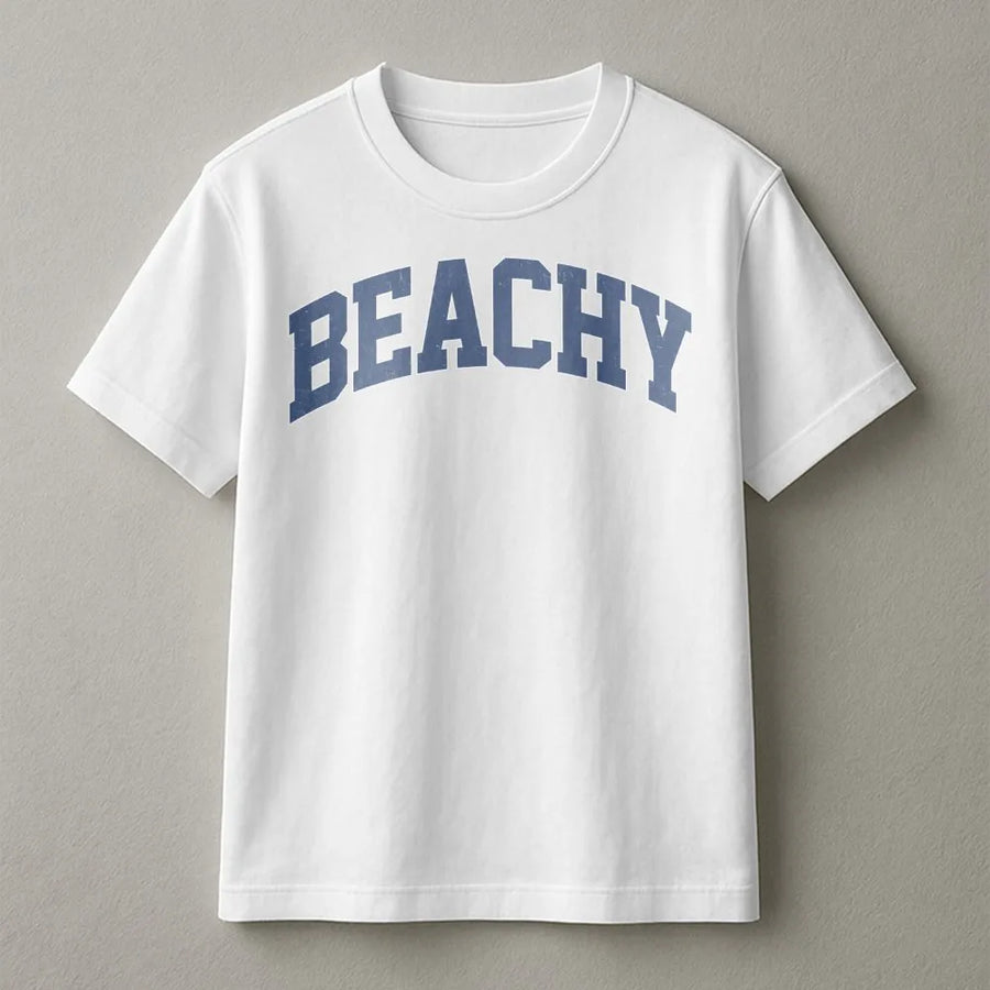 Beachy T-Shirt Sweatshirt | Collegiate Font Coastal Pullover | Premium Cotton Blend | Unisex Summer Vacation Gift