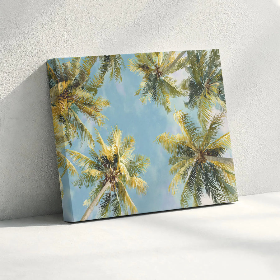 Palm Tree Canvas Wall Art | Vintage Tropical Print Looking Up at Palms | Premium Gallery Wrap Canvas | Coastal Home Decor Gift for Beach House