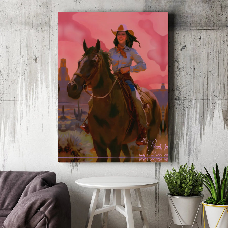Cowgirl Horse Wall Art | Western Desert Sunset Painting | Premium Gallery Wrapped Canvas | Rustic Home Decor Gift for Cowgirl Lovers