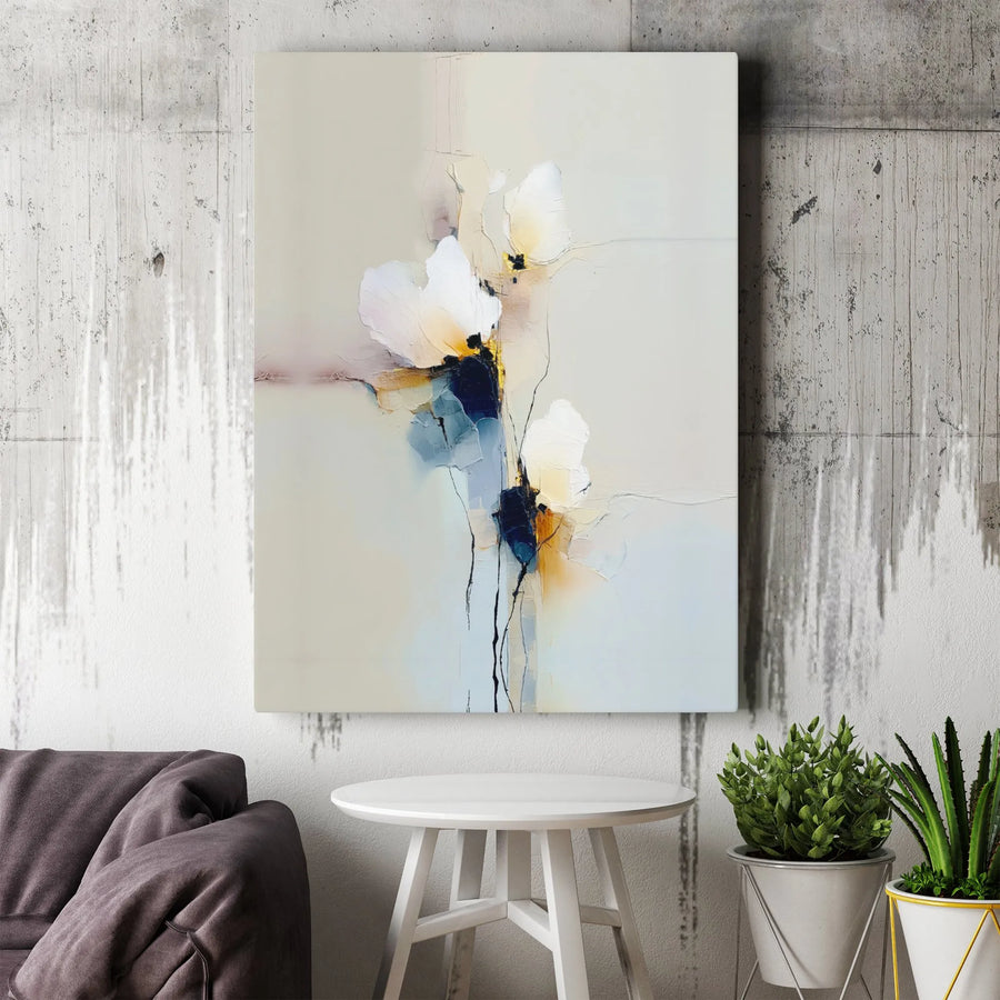 Abstract White Flower Canvas Wall Art | Minimalist Blue and Yellow Palette | Premium Gallery Wrapped Decor | Modern Home and Office Interior Gift