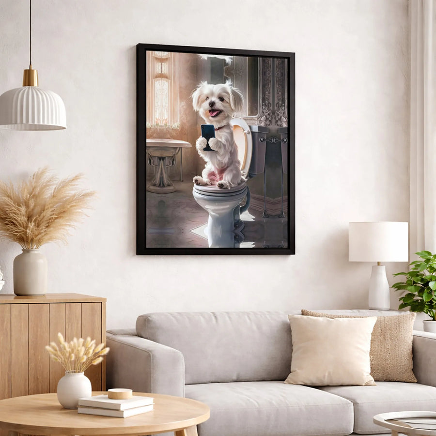 Funny Maltese Dog Wall Art | Bathroom Humorous Puppy On Toilet | Premium Gallery Wrapped Canvas | Whimsical Pet Lover Gift