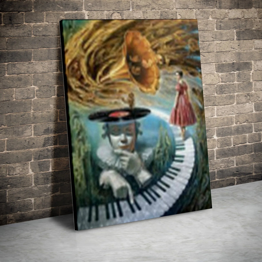 Surreal Music Vertical Canvas | Abstract Piano & Phonograph Wall Art | Premium Thick Gallery Wrap | Modern Home Decor Gift for Musician