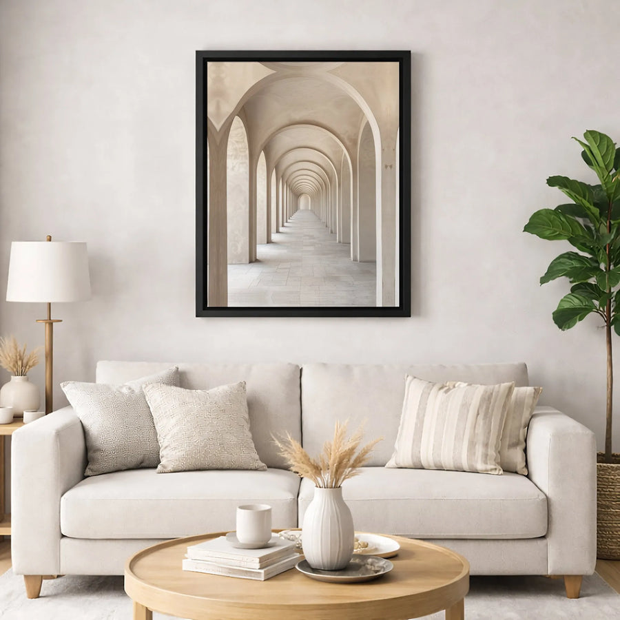 Stone Archway Corridor Canvas Print | Vanishing Point Architectural Wall Art | 1.25 Inch Gallery Wrap | Minimalist Modern Home Decor
