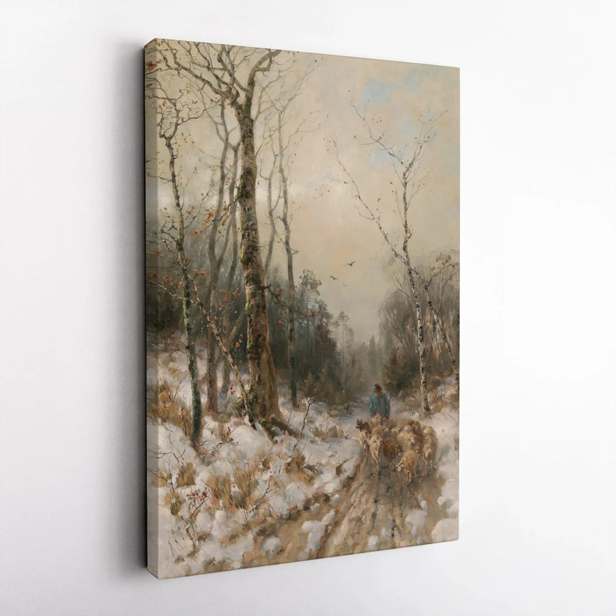 Winter Forest Shepherd Painting Canvas | Vintage Landscape Art Print | Premium 1.25" Gallery Wrap | Farmhouse Home Decor Wall Art