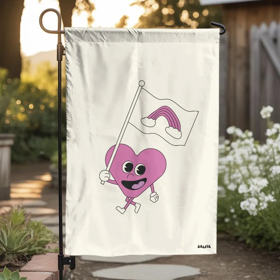 Love Wins Garden Flag | Retro Cartoon Heart with Rainbow | Weather-Resistant Double-Sided | LGBTQ+ Ally Yard Decor Gift