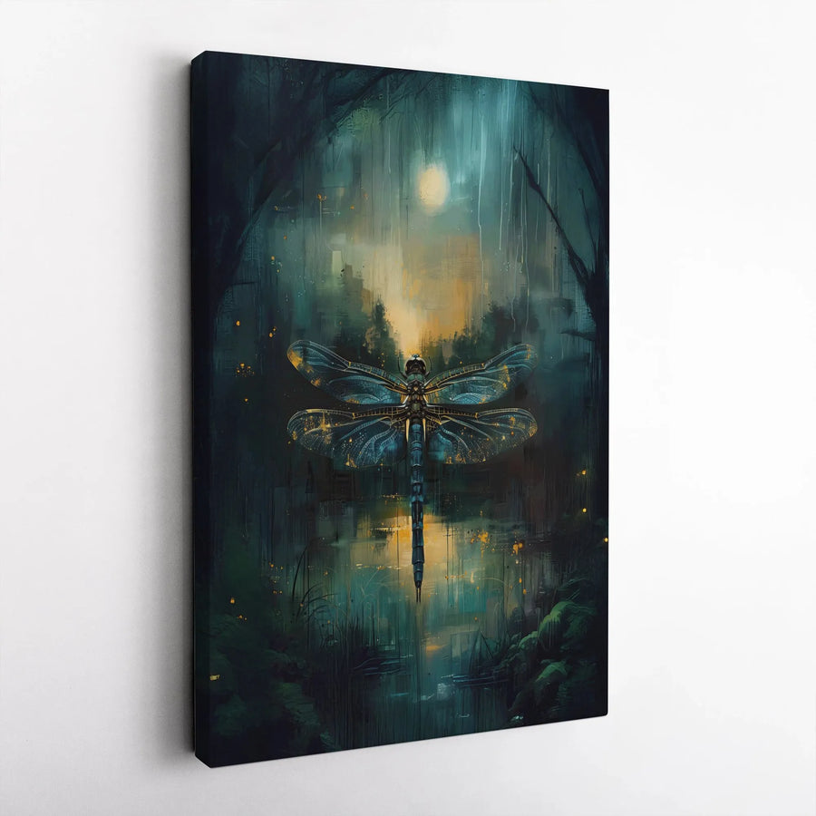 Dragonfly Wall Art Canvas | Mystical Moonlit Forest Landscape | Premium Fade-Resistant Gallery Print | Nature Lover Home Decor Gift