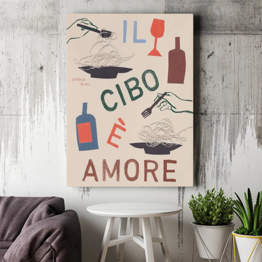 Il Cibo è Amore Canvas Print | Italian Kitchen Wall Art | Premium Gallery Wrap Decor | Gift for Foodies and Wine Lovers