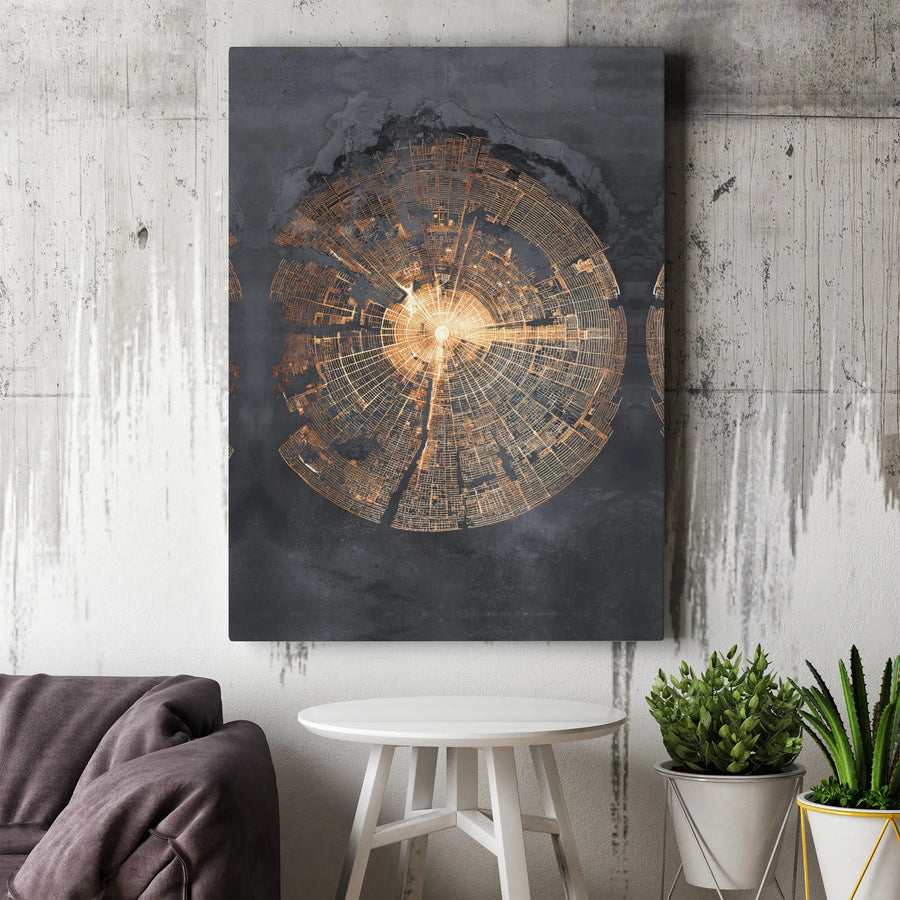 Abstract Radial City Map Canvas | Futuristic Gold Labyrinth Print | Premium Gallery Wrapped Wall Art | Modern Home & Office Decor Gift
