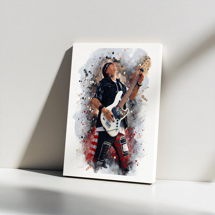 Rock Bass Player Canvas Art | Watercolor Splatter Musician Portrait | Premium Gallery Wrap Canvas | Gift for Music Lover & Studio Decor