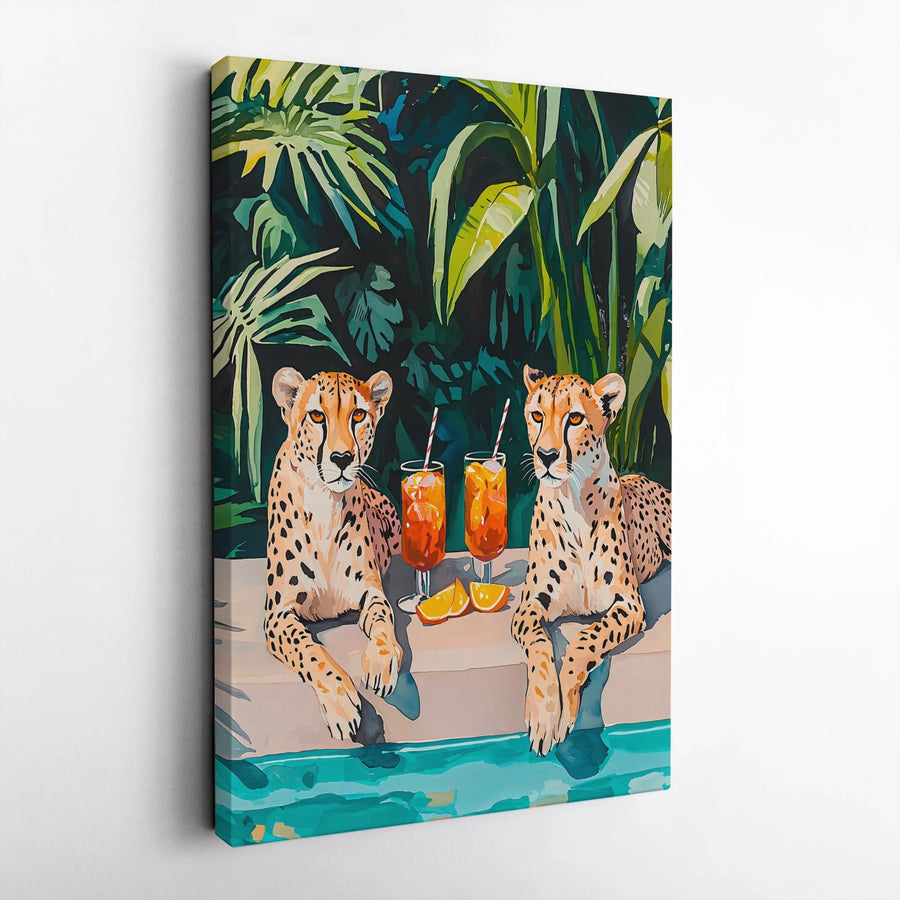 Cheetah Poolside Canvas Wall Art | Whimsical Safari Animals Drinking Cocktails | Premium 1.25-Inch Gallery Wrap | Modern Tropical Home Decor Gift
