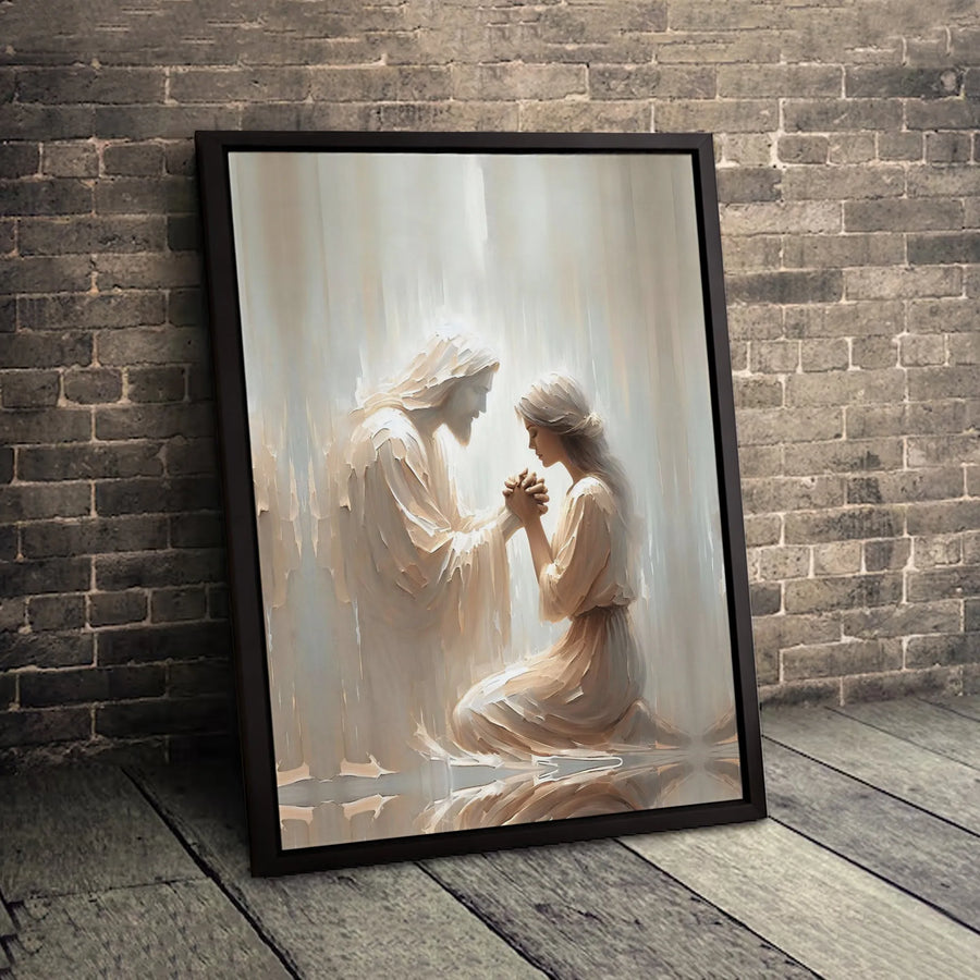 Jesus Praying With Woman Canvas Art | Minimalist Religious Wall Decor | Premium Fade-Resistant Print | Spiritual Home Gift for Believers