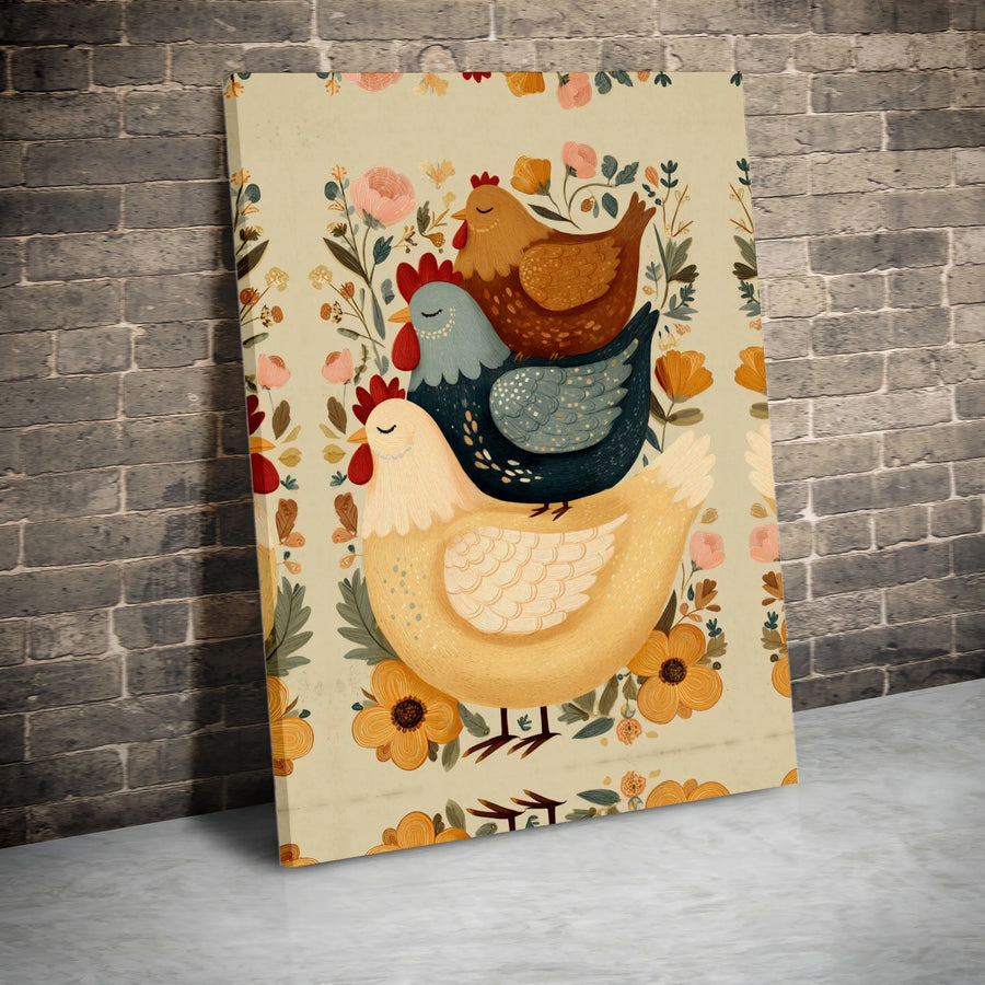 Stacked Chickens Canvas Wall Art | Floral Folk Art Illustration | Premium Gallery Wrap Print | Farmhouse Kitchen Home Decor Gift