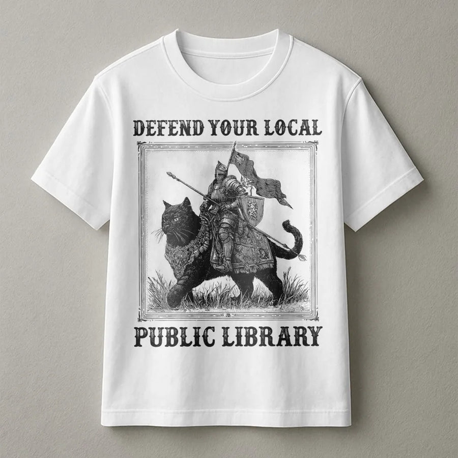 Defend Your Local Public Library T-Shirt | Medieval Knight Riding Black Cat Graphic | Premium 100% Cotton | Funny Book Lover Gift for Readers