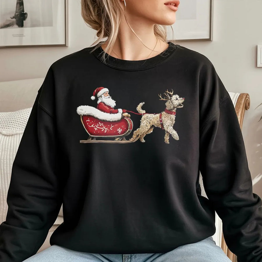 Goldendoodle Christmas Sweatshirt | Santa Sleigh Graphic Pullover | Premium Cotton Blend Crewneck | Holiday Gift For Dog Lovers & Owners