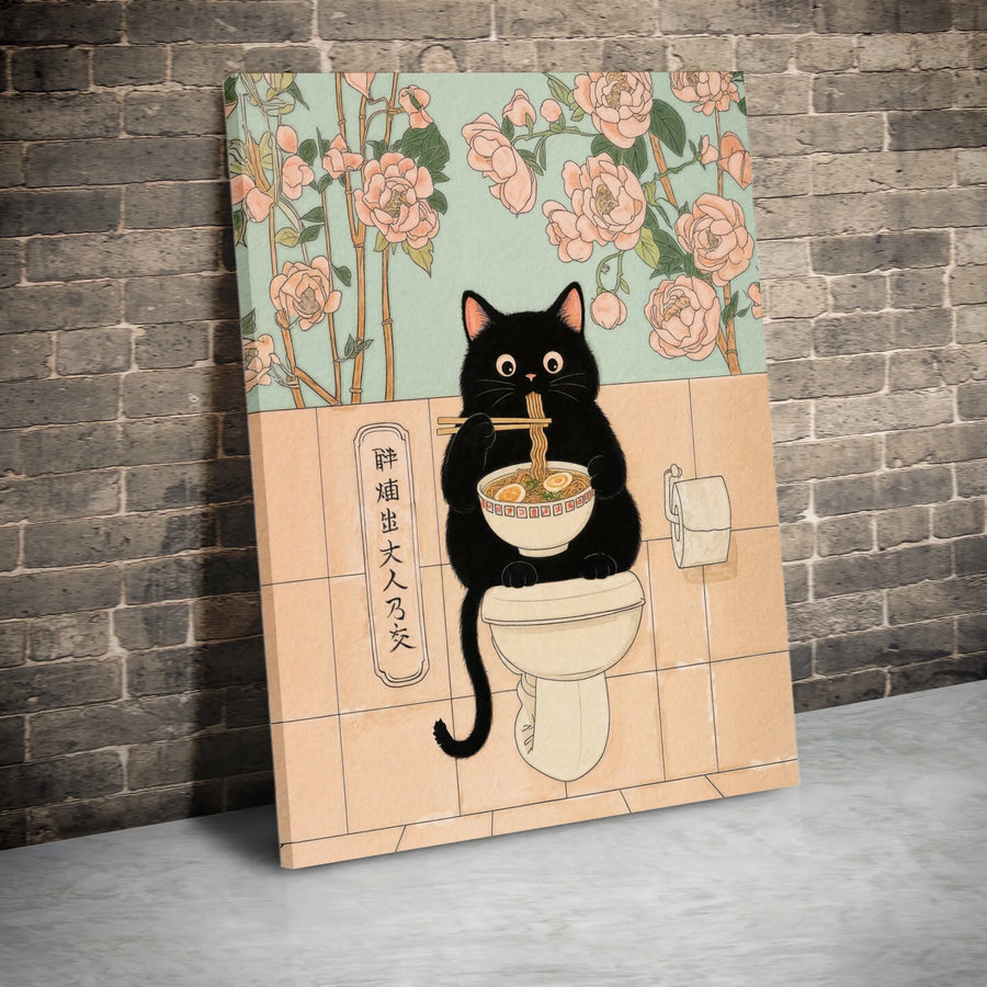 Black Cat Ramen Wall Art | Funny Ukiyo-e Japanese Style Print | 1.25-Inch Premium Gallery Canvas | Quirky Home Decor Gift for Cat Lovers