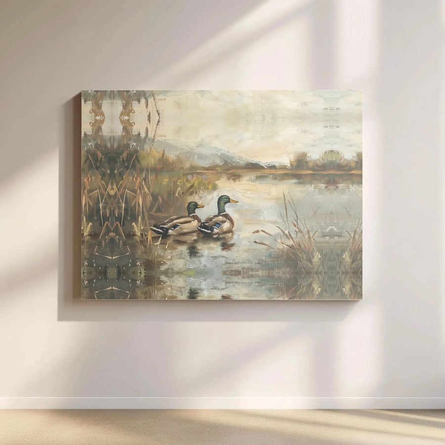 Mallard Duck Pond Canvas Wall Art | Vintage Style Nature Landscape | Premium Fade-Resistant Gallery Wrap | Rustic Home & Office Decor