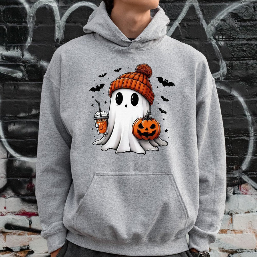 Cute Ghost Hoodie | Pumpkin Spice Latte Spooky Season Design | Cotton Blend Premium Pullover | Halloween Gift for Women and Men