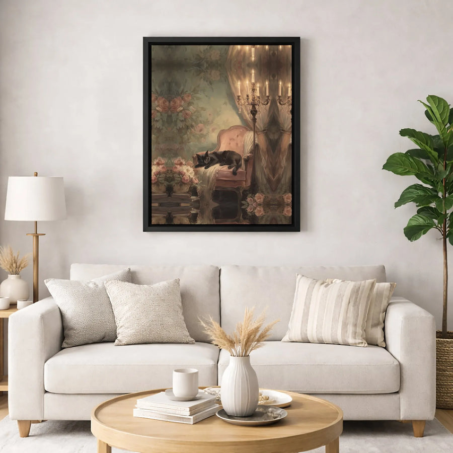 Black Cat Canvas Wall Art | Vintage Victorian Floral Decor | Premium Fade-Resistant Print | Moody Gothic Home Gift