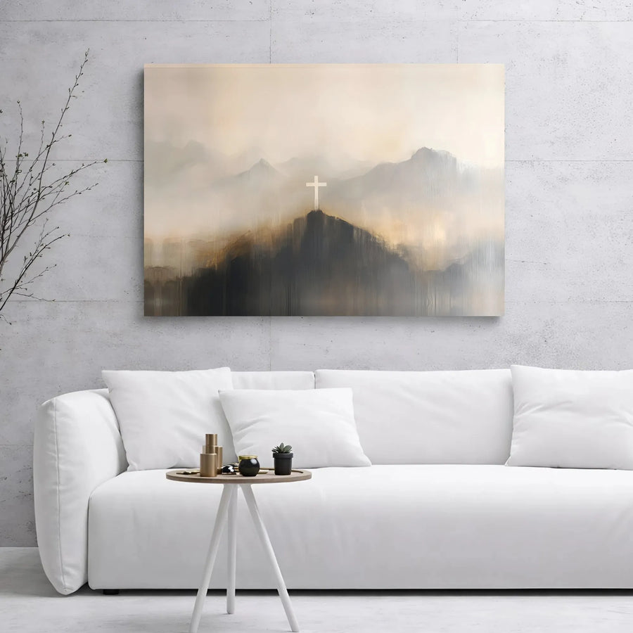 Christian Cross Canvas Wall Art | Misty Mountain Landscape Print | 1.25 Inch Gallery Wrap | Religious Home Decor Gift