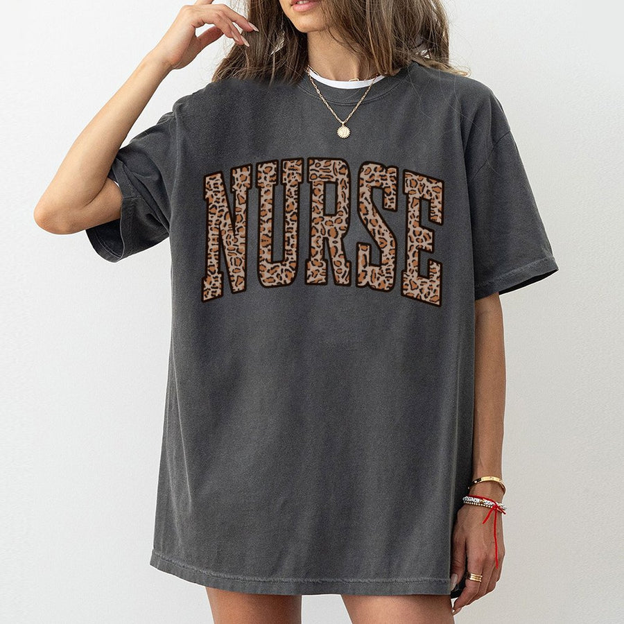 Leopard Print Nurse T-Shirt | Trendy Varsity Lettering Design | 100% Premium Cotton Tee | Nursing School Graduation Gift for RN LPN