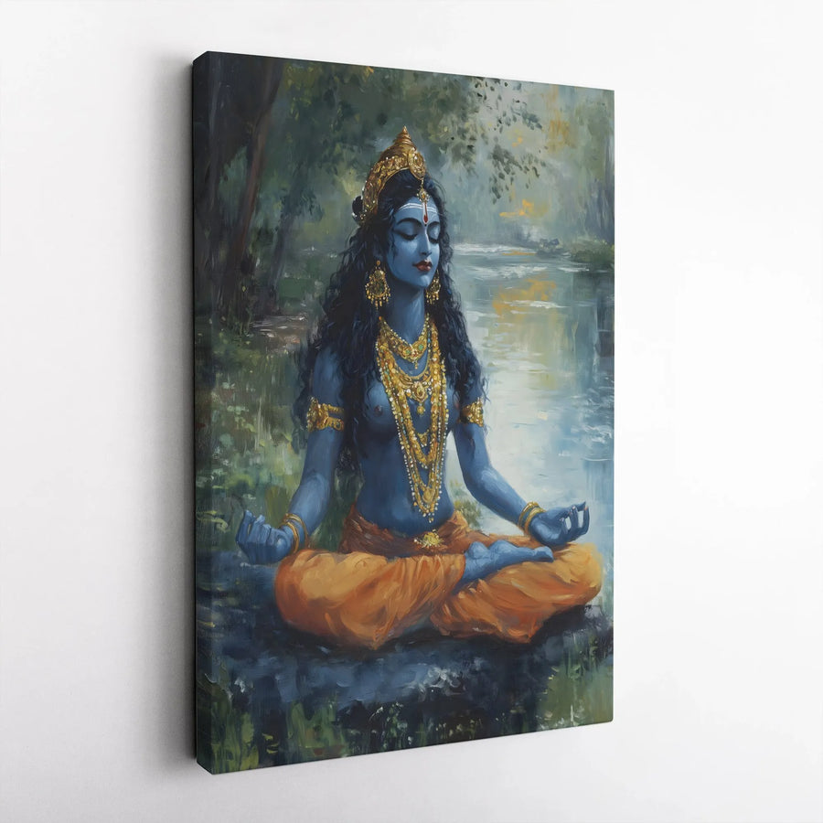 Meditating Krishna Canvas Print | Hindu God Spiritual Painting | Premium Gallery Wrapped Wall Art | Yoga Studio Decor & Devotional Gift