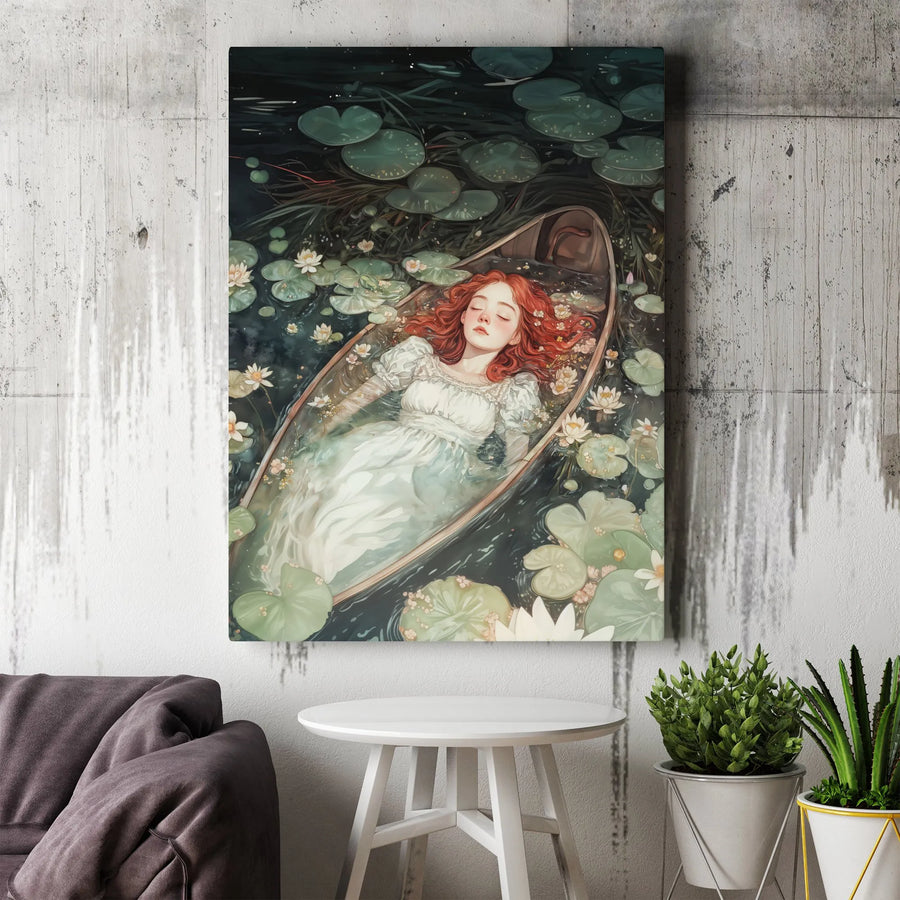 Serene Maiden Canvas Wall Art | Redhead Woman in Water Lily Pond | Premium Gallery Wrap Print | Fantasy Art Gift for Romantic Bedroom Decor