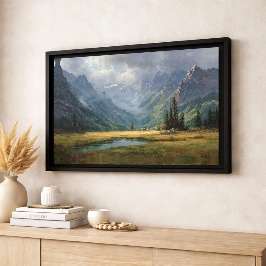 Mountain Landscape Canvas Wall Art | Serene River Cabin Meadow Scene | Gallery Quality Framed Print | Nature Lover Gift for Home Office Decor