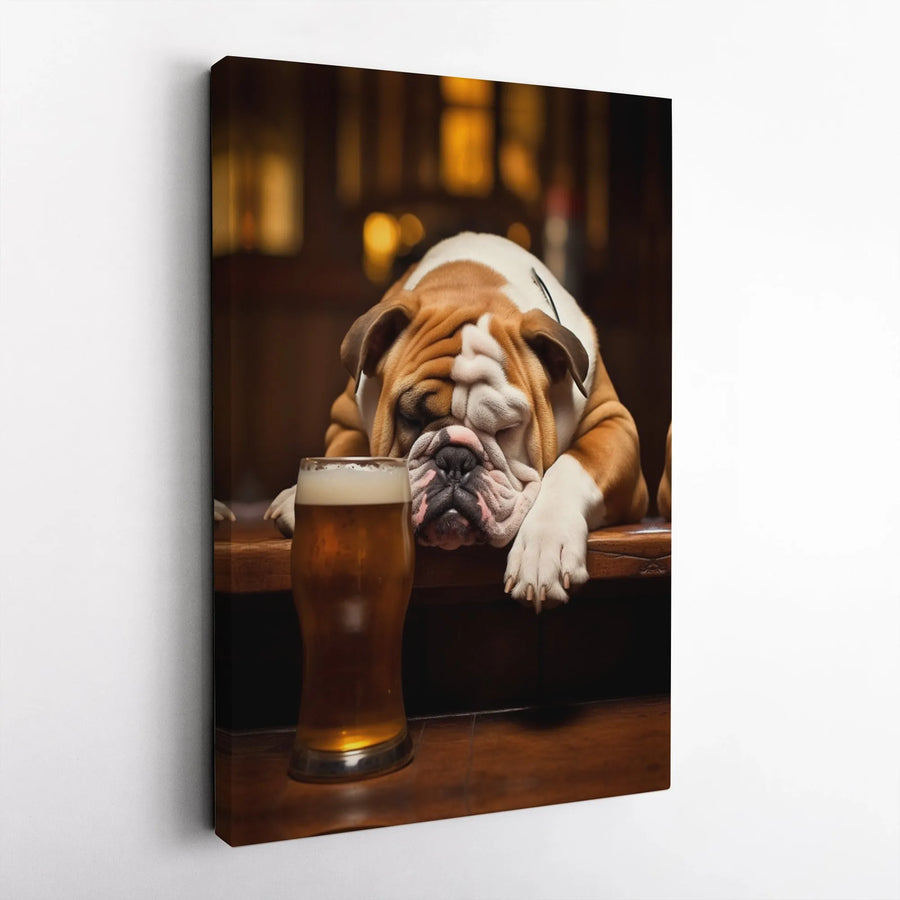 English Bulldog Beer Canvas Art | Funny Pub Dog Portrait | Premium Fade-Resistant Gallery Wrap | Perfect Bar Decor Gift for Dog Lovers