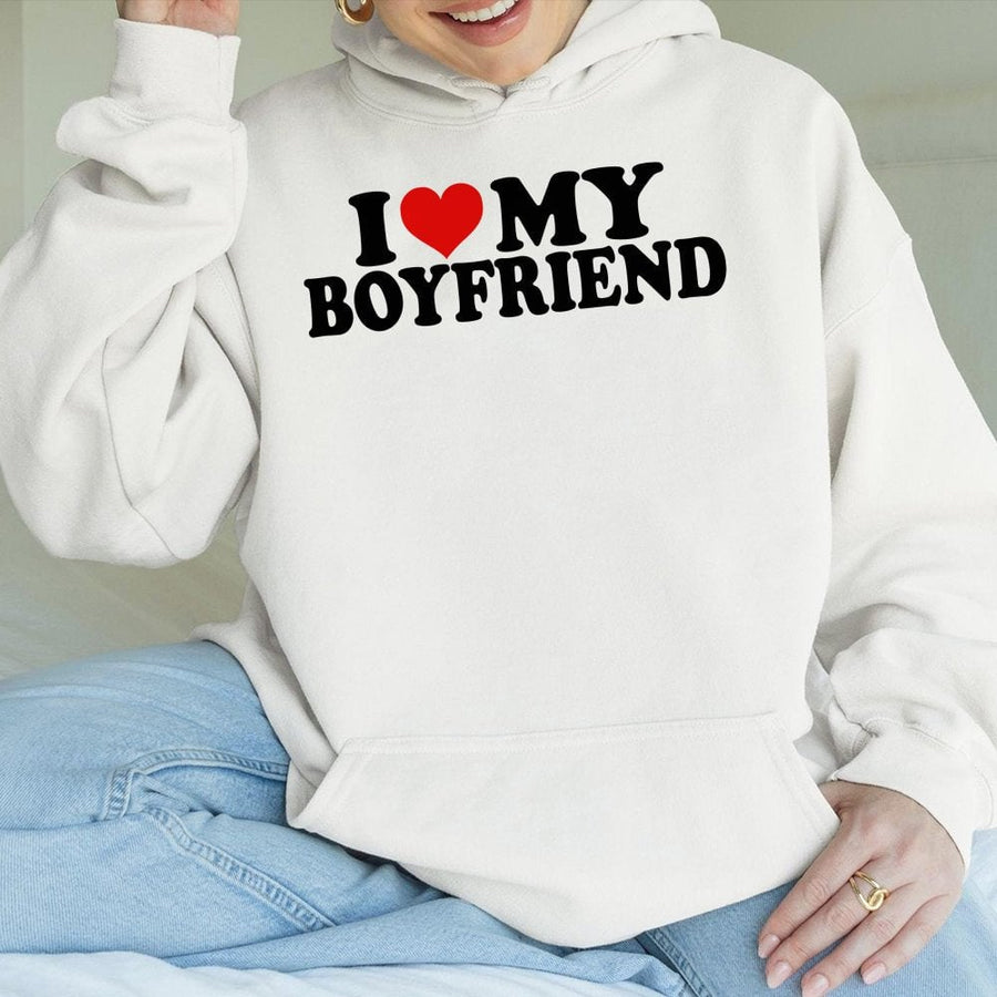 I Love My Boyfriend Hoodie | Heart Graphic Streetwear | Premium Cotton-Poly Blend | Cute Valentines Day Gift for Girlfriend or Her