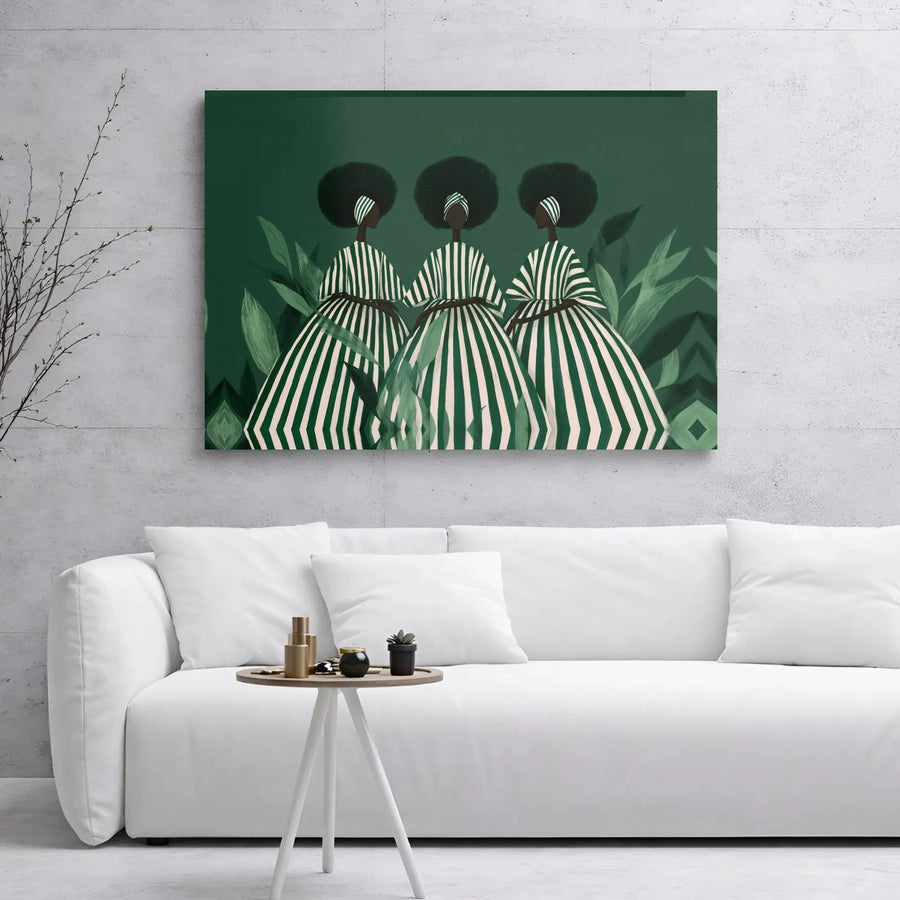 Black Women Art Print | Modern Afrocentric Gallery Wrap Canvas | Premium Forest Green Wall Decor | Empowering Home Office Living Room Gift