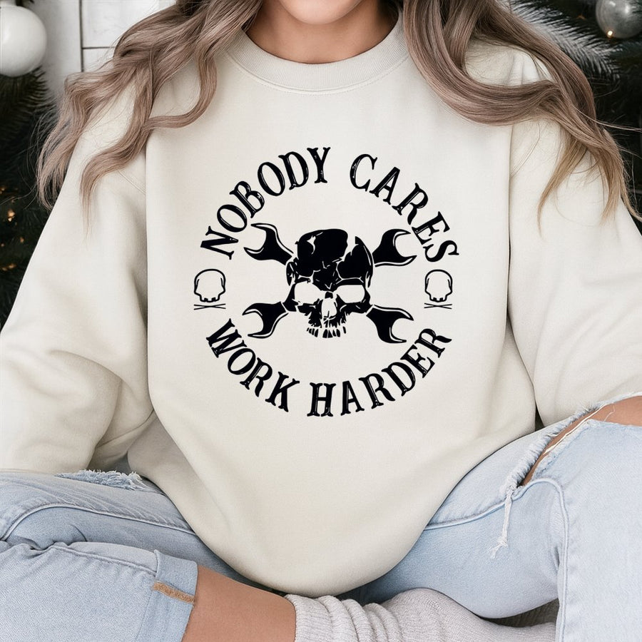 Nobody Cares Work Harder Sweatshirt | Skull And Wrench Mechanic Graphic | Cotton Blend Premium Crewneck | Motivational Gym Gift For Men And Women