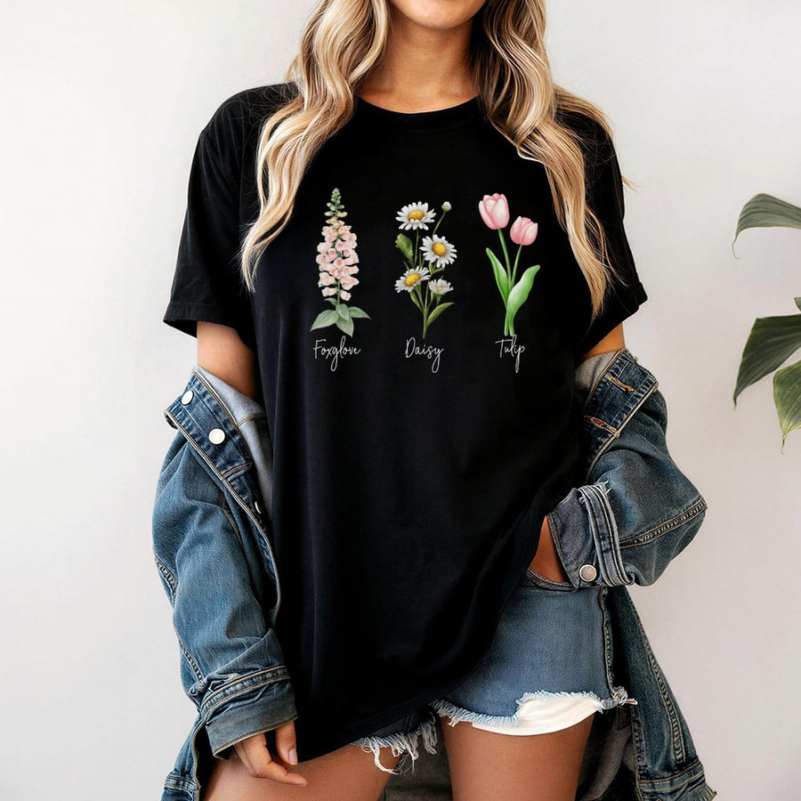 Botanical Flower T-Shirt | Foxglove Daisy Tulip Floral Graphic | Premium Soft Cotton Tee | Nature Lover Gift for Her
