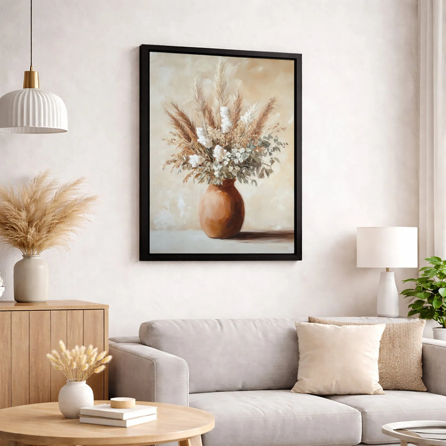 Bohemian Pampas Grass Canvas Wall Art | Neutral Dried Flower Bouquet in Terracotta Vase | Premium Fade-Resistant Gallery Wrap | Modern Home Decor Gift