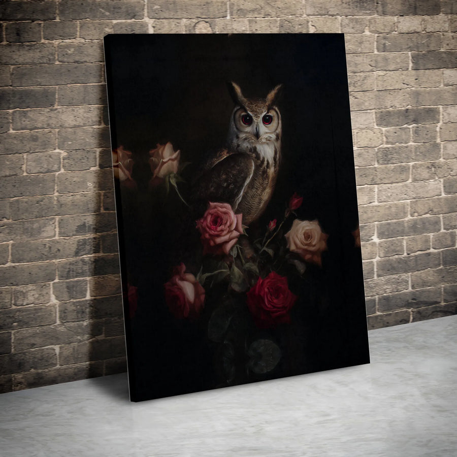 Gothic Owl Canvas Wall Art | Red Eye Bird With Moody Roses Design | 1.25 Inch Premium Gallery Wrap | Dark Academia Home Decor Gift