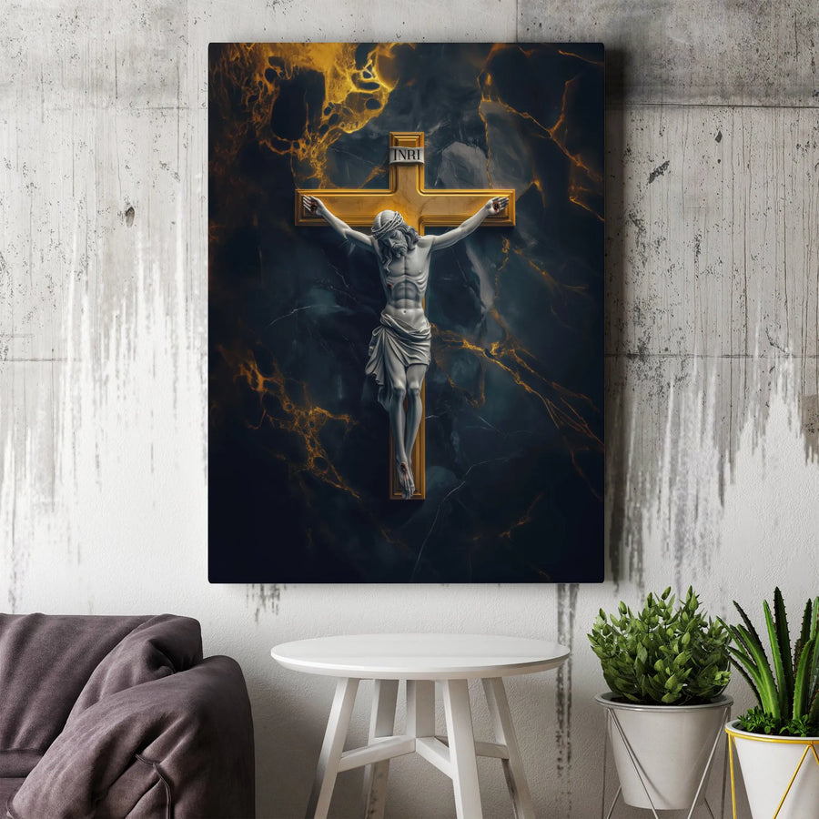 Jesus On The Cross Canvas Wall Art | Golden Crucifix Marble Texture | Premium Gallery Wrap Print | Religious Home Decor Gift